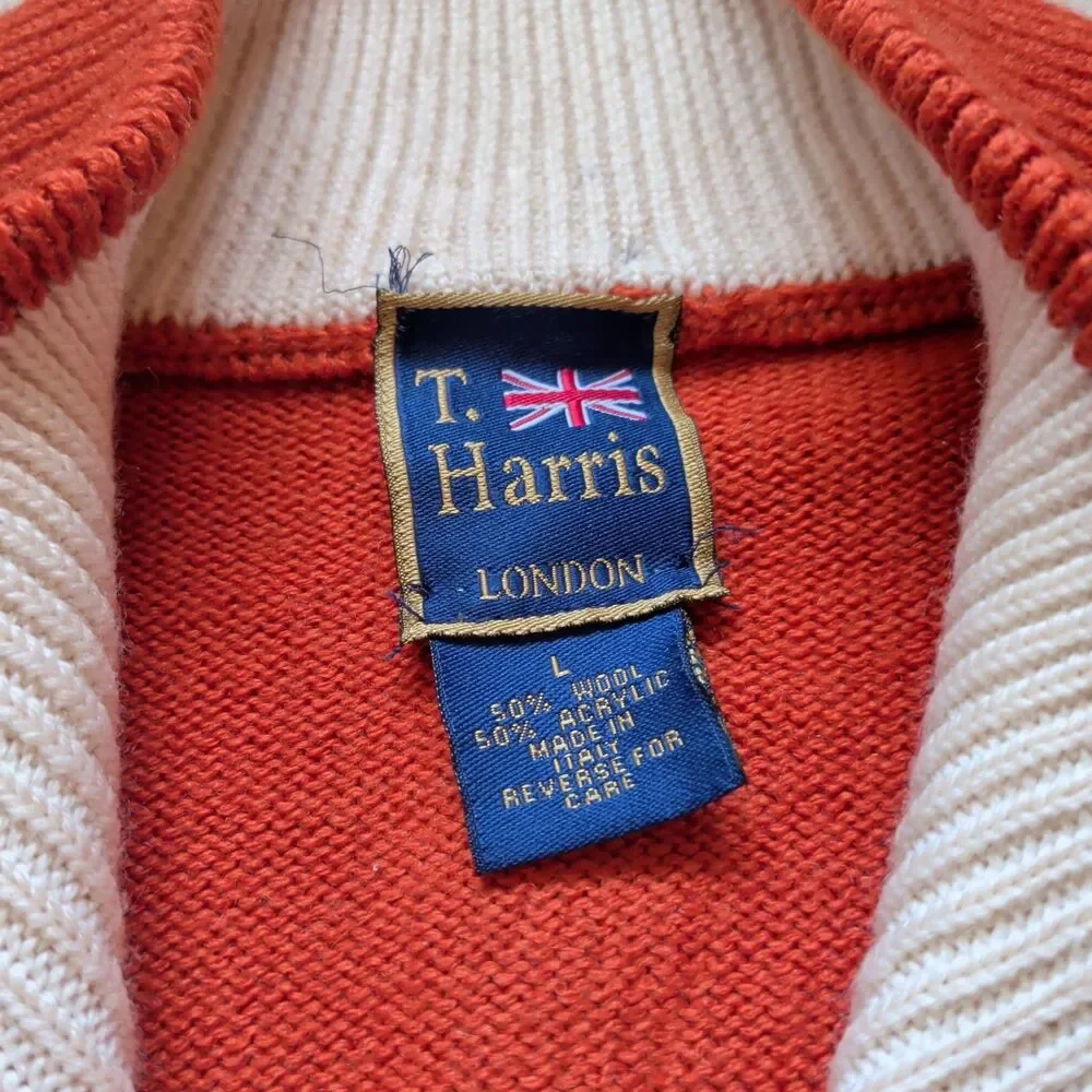 ​T. Harris London Mens Full Zip Knit Sweater Vest Orange Wool Blend Size Large